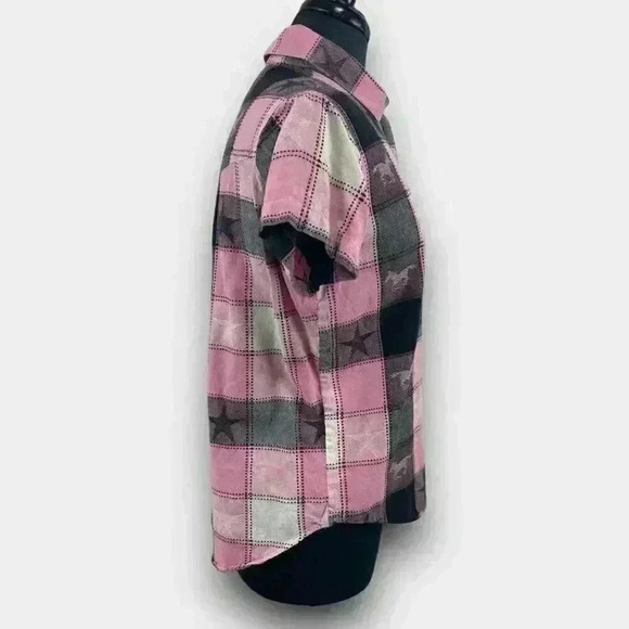 ADOBE ROSE button down western plaid shirt pink black stars horses - Picture 3 of 6
